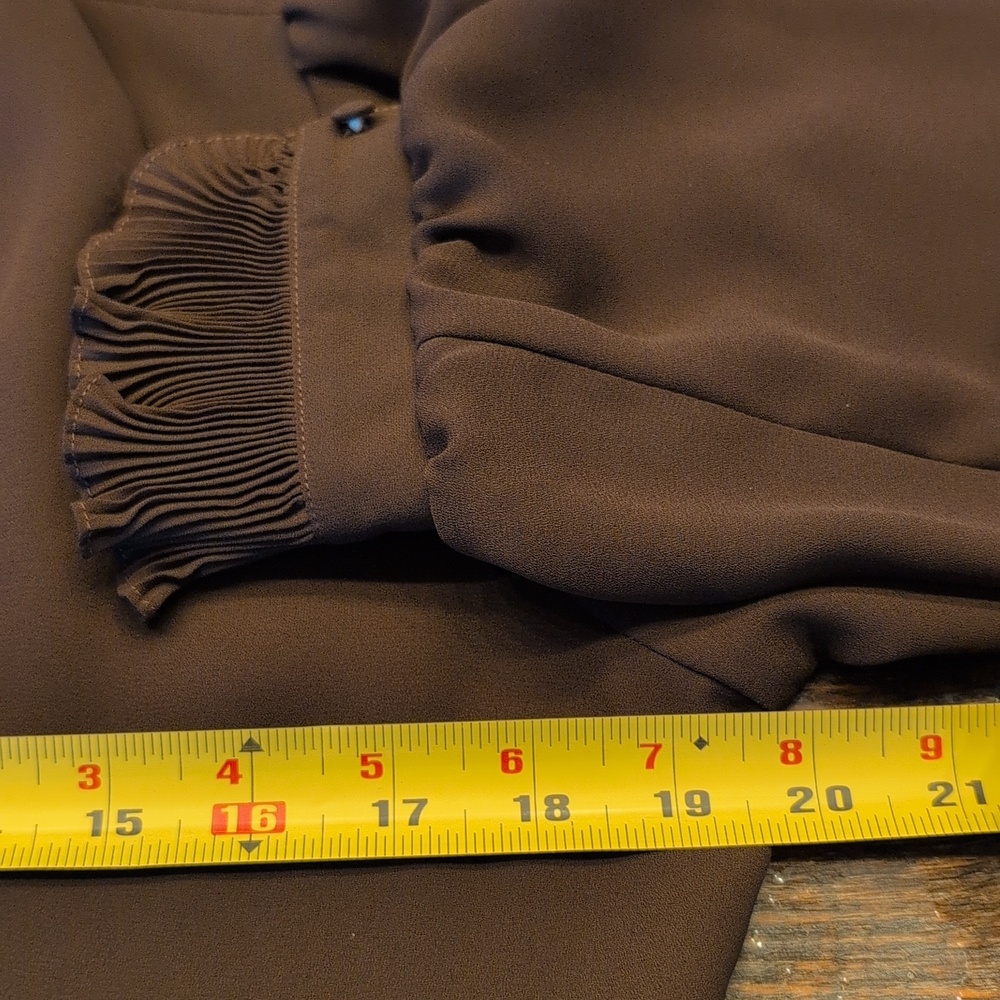 Vintage Whimsigoth Chocolate Brown Pleated Ruffled V-Neck Long Sleeve Blouse - Picture 16 of 16